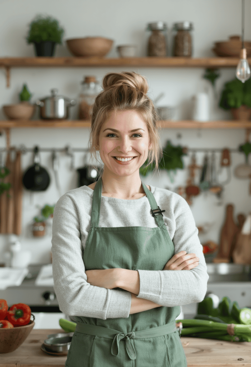 A woman in an apron standing in front of a kitchen.