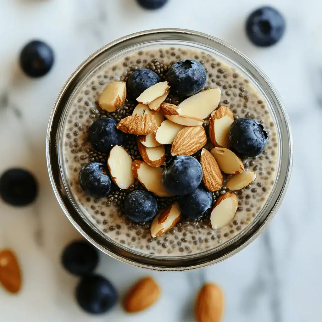 classic vanilla almond chia protein pudding on marble counter in natural light
