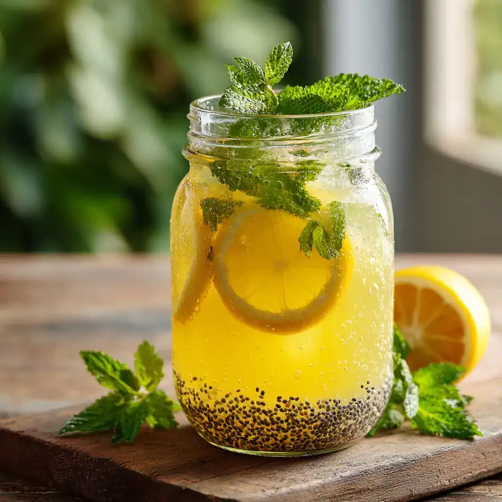 homemade electrolyte drink with lemon and chia in glass jar