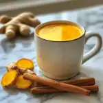 turmeric ginger cinnamon tea in rustic kitchen