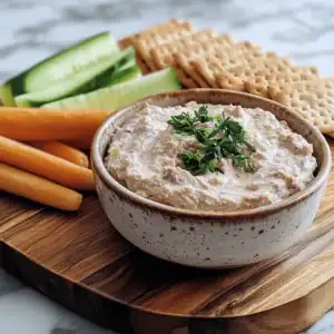 creamy tuna dip recipe served with crackers and veggies