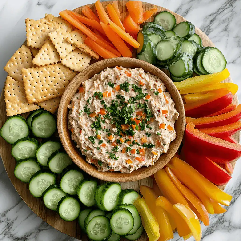 healthy snack board featuring tuna dip