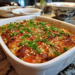 Salmon sushi bake with golden crispy top and garnishes