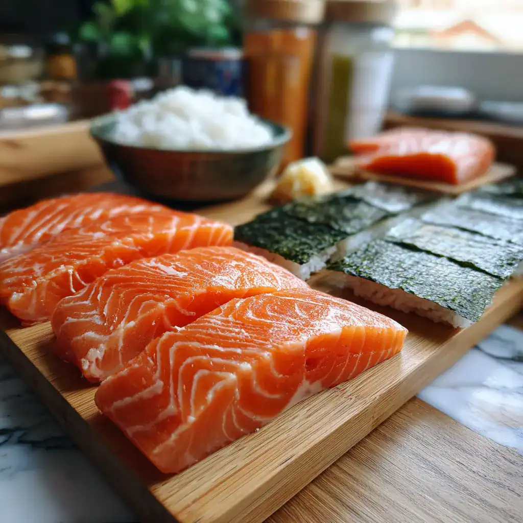 Sushi-grade salmon with nori and sushi rice for salmon sushi bake