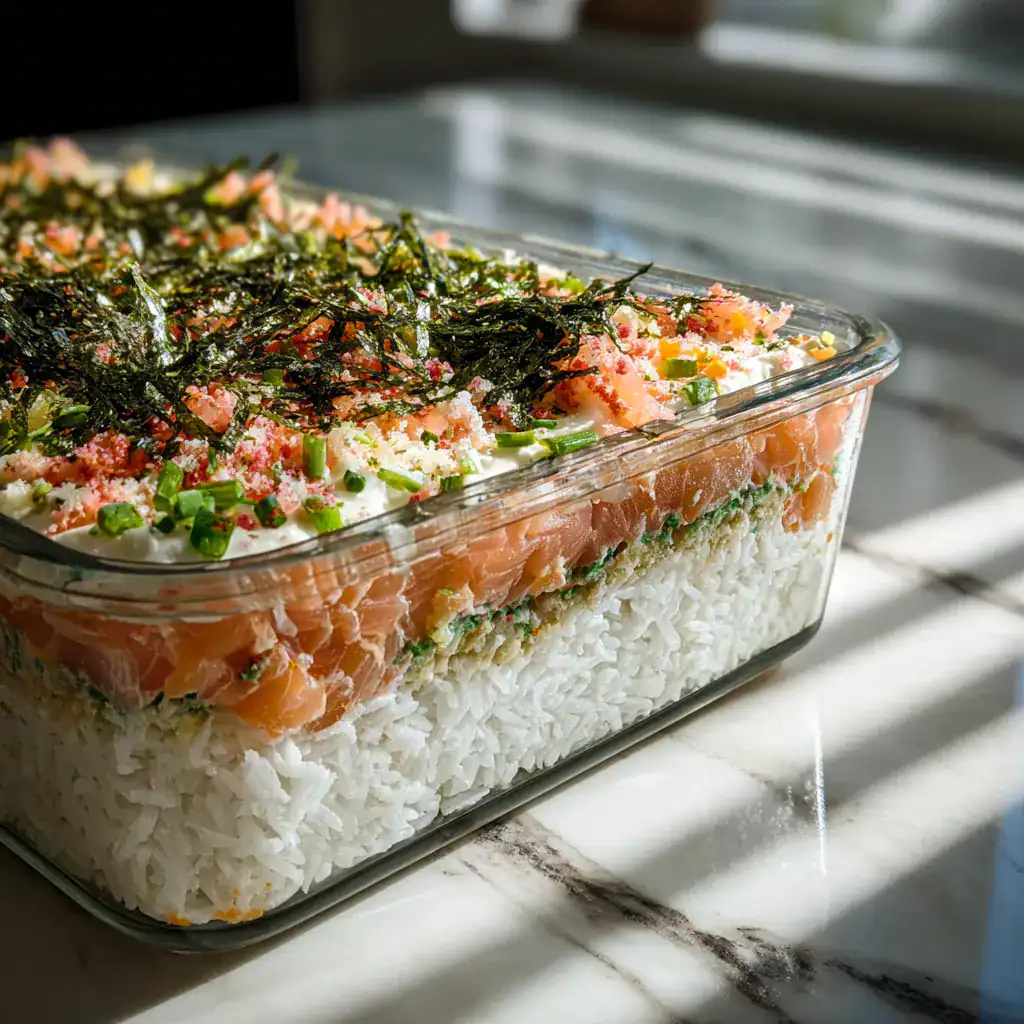 Preparing layered salmon sushi bake before baking