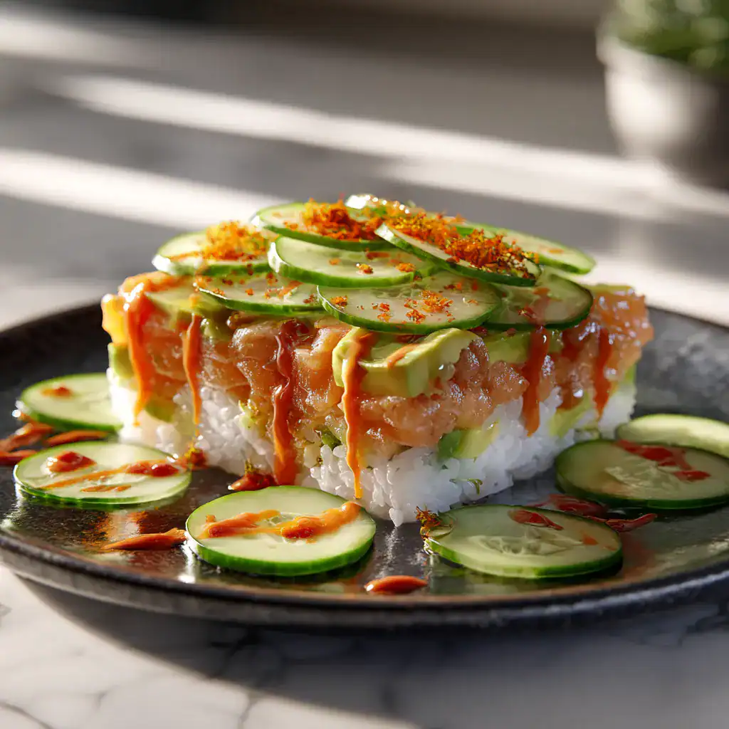 Plated salmon sushi bake with avocado and cucumber garnish